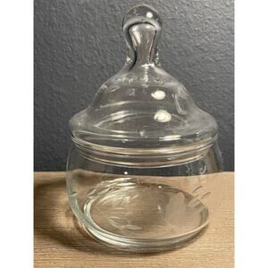 Vintage Etched Glass Covered Candy Dish Jar w/ Lid Floral Vine 4.25”